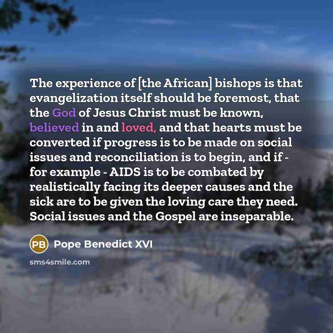 “The experience of [the African] bishops is that evangelization itself should be foremost, that the God of Jesus Christ must be known, believed in and loved, and that hearts must be converted if progress is to be made on social issues and reconciliation is to begin, and if - for example - AIDS is…” quote by Pope Benedict XVI
