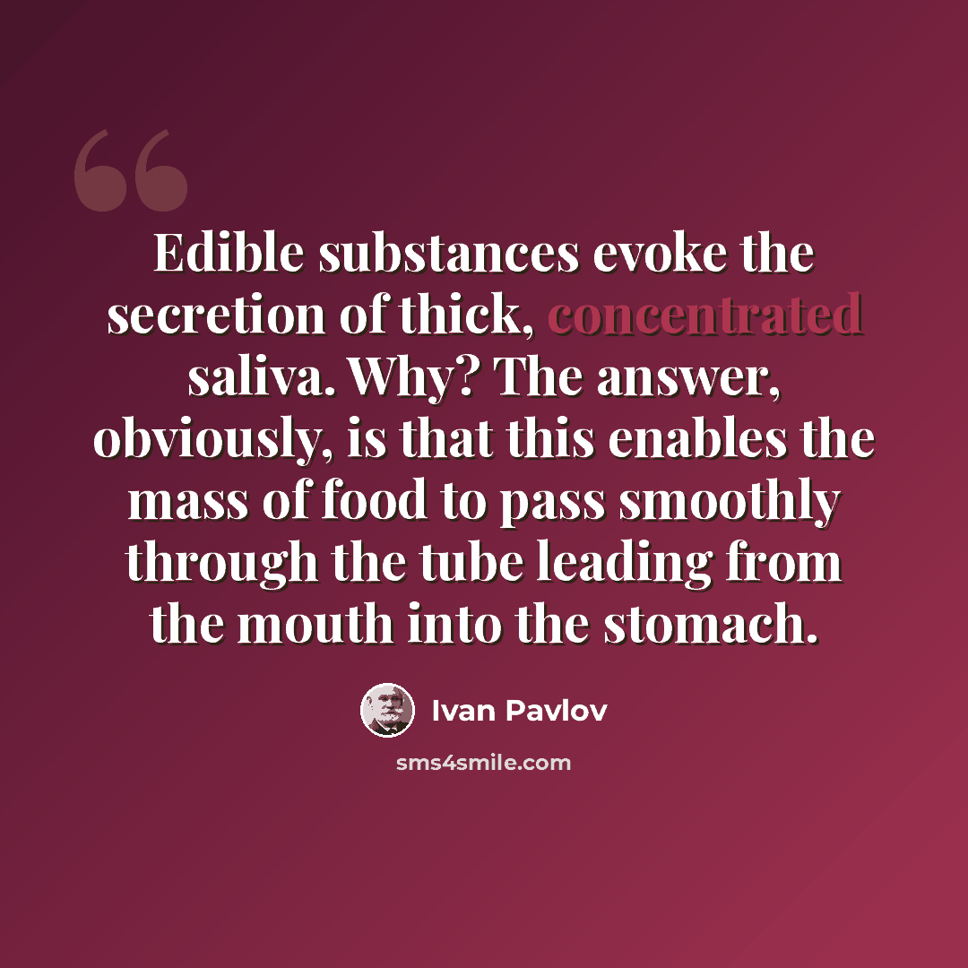 “Edible substances evoke the secretion of thick, concentrated saliva. Why? The answer, obviously, is that this enables the mass of food to pass smoothly through the tube leading from the mouth into the stomach.” quote by Ivan Pavlov
