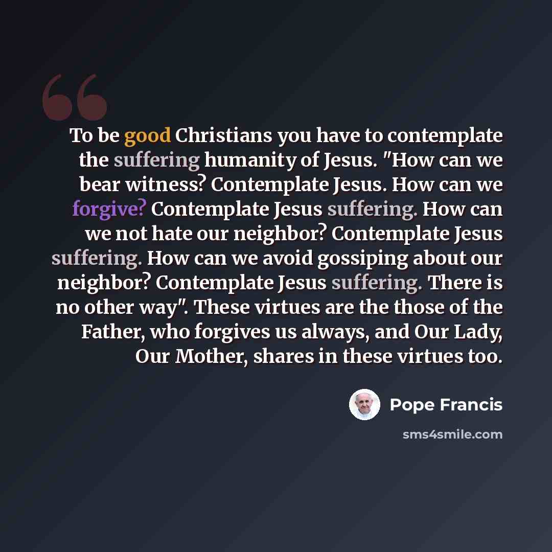 “To be good Christians you have to contemplate the suffering humanity of Jesus. "How can we bear witness? Contemplate Jesus. How can we forgive? Contemplate Jesus suffering. How can we not hate our neighbor? Contemplate Jesus suffering. How can we avoid gossiping about our neighbor? Contemplate…” quote by Pope Francis