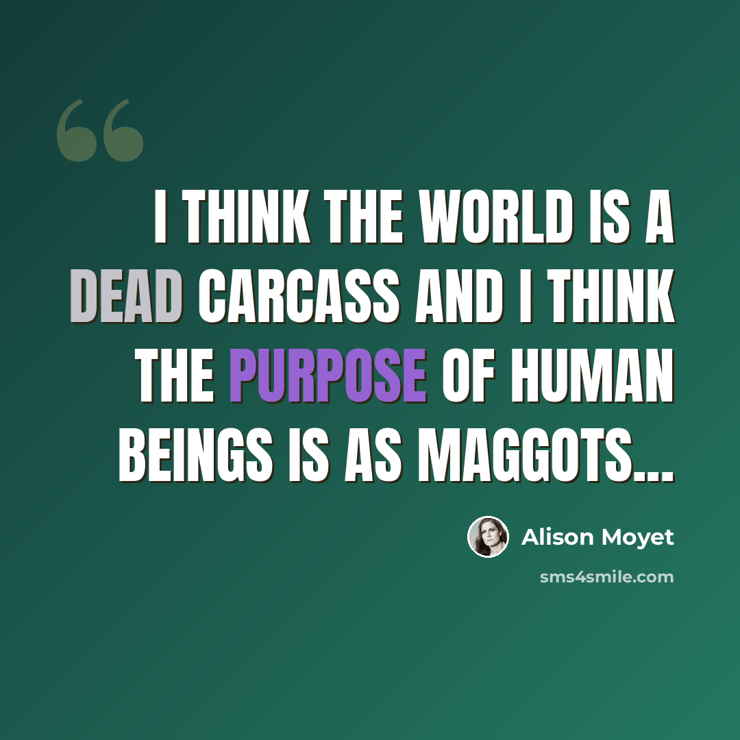 “I think the world is a dead carcass and I think the purpose of human beings is as maggots...” quote by Alison Moyet