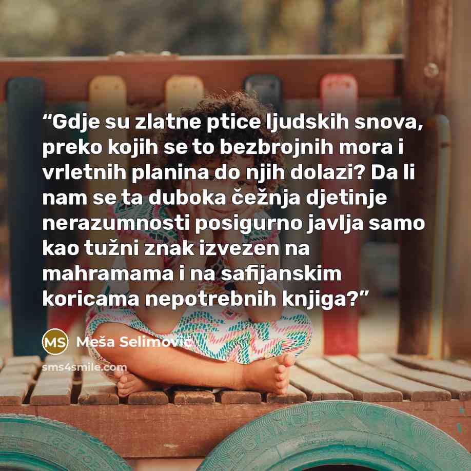 “Gdje su zlatne ptice ljudskih snova, preko kojih se to bezbrojnih mora i vrletnih planina do njih dolazi? Da li nam se ta duboka čežnja djetinje nerazumnosti posigurno javlja samo kao tužni znak izvezen na mahramama i na safijanskim koricama nepotrebnih knjiga?” quote by Meša Selimović
