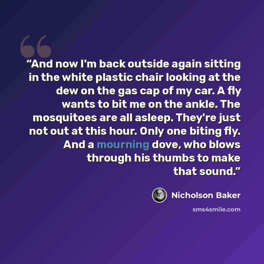 “And now I'm back outside again sitting in the white plastic chair looking at the dew on the gas cap of my car. A fly wants to bit me on the ankle. The mosquitoes are all asleep. They're just not out at this hour. Only one biting fly. And a mourning dove, who blows through his thumbs to make that…” quote by Nicholson Baker