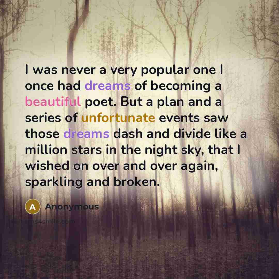 “I was never a very popular one I once had dreams of becoming a beautiful poet. But a plan and a series of unfortunate events saw those dreams dash and divide like a million stars in the night sky, that I wished on over and over again, sparkling and broken.” quote by Anonymous