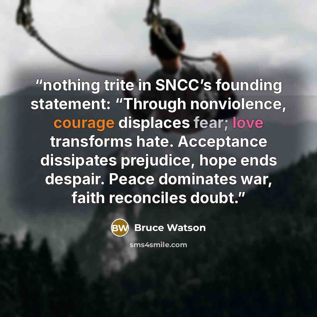 “nothing trite in SNCC’s founding statement: “Through nonviolence, courage displaces fear; love transforms hate. Acceptance dissipates prejudice, hope ends despair. Peace dominates war, faith reconciles doubt.” quote by Bruce Watson