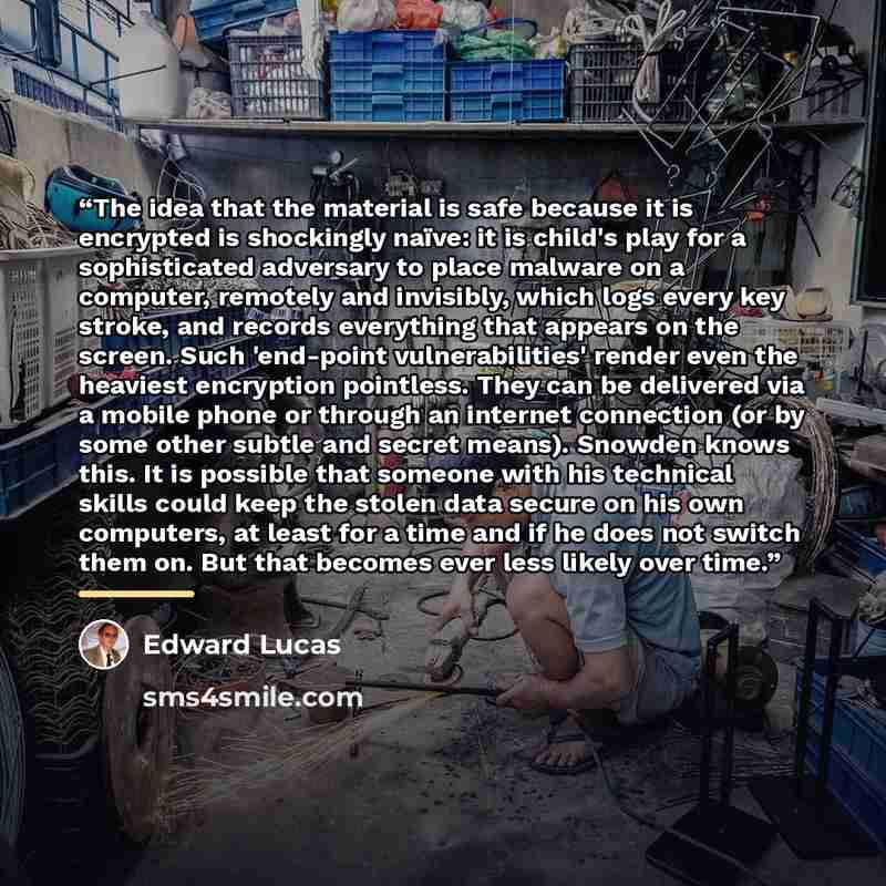 “The idea that the material is safe because it is encrypted is shockingly naïve: it is child's play for a sophisticated adversary to place malware on a computer, remotely and invisibly, which logs every key stroke, and records everything that appears on the screen. Such 'end-point vulnerabilities'…” quote by Edward Lucas