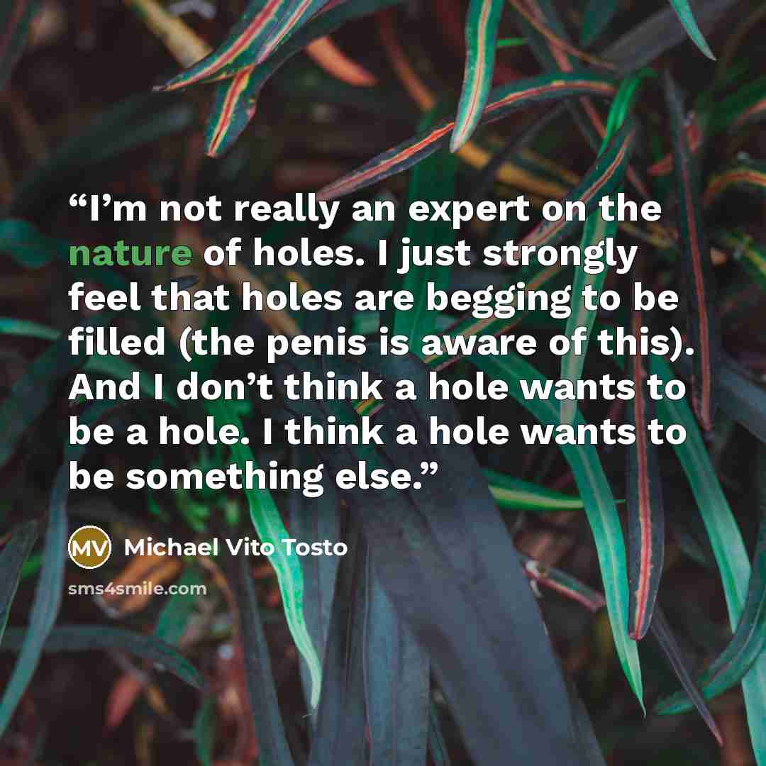 “I’m not really an expert on the nature of holes. I just strongly feel that holes are begging to be filled (the penis is aware of this). And I don’t think a hole wants to be a hole. I think a hole wants to be something else.” quote by Michael Vito Tosto