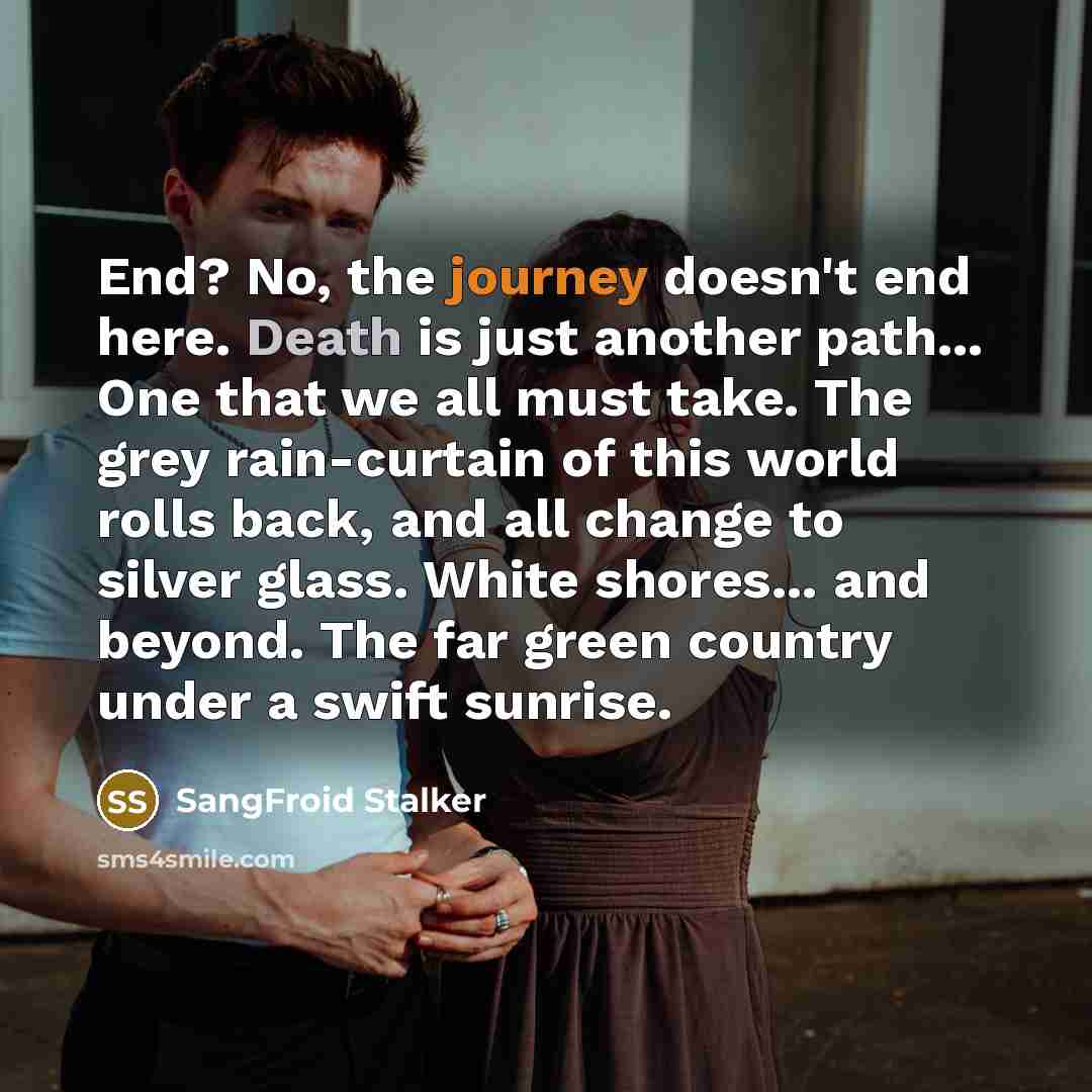 “End? No, the journey doesn't end here. Death is just another path... One that we all must take. The grey rain-curtain of this world rolls back, and all change to silver glass. White shores... and beyond. The far green country under a swift sunrise.” quote by SangFroid Stalker