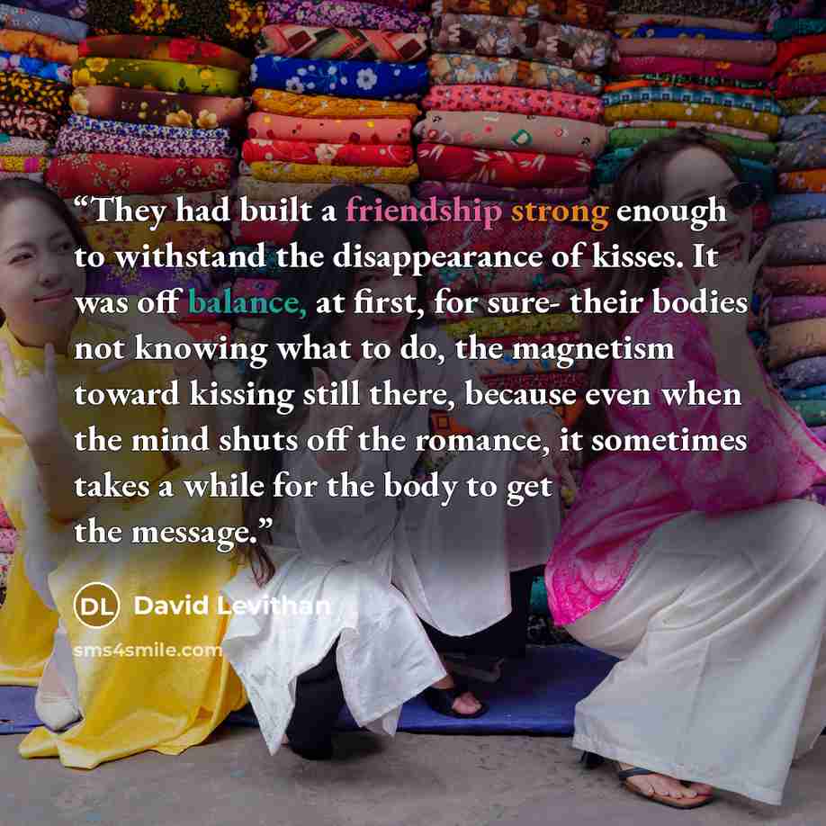 “They had built a friendship strong enough to withstand the disappearance of kisses. It was off balance, at first, for sure- their bodies not knowing what to do, the magnetism toward kissing still there, because even when the mind shuts off the romance, it sometimes takes a while for the body to…” quote by David Levithan