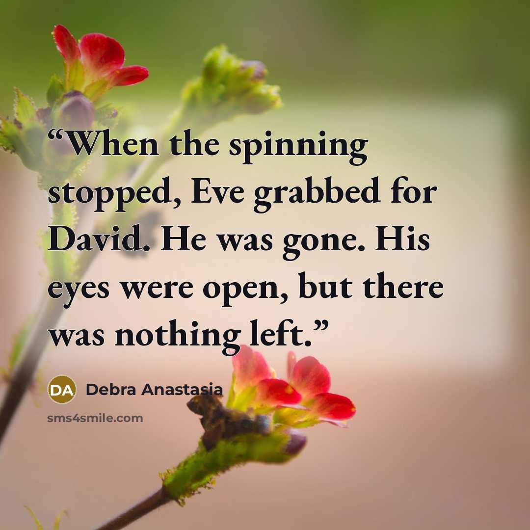 “When the spinning stopped, Eve grabbed for David. He was gone. His eyes were open, but there was nothing left.” quote by Debra Anastasia