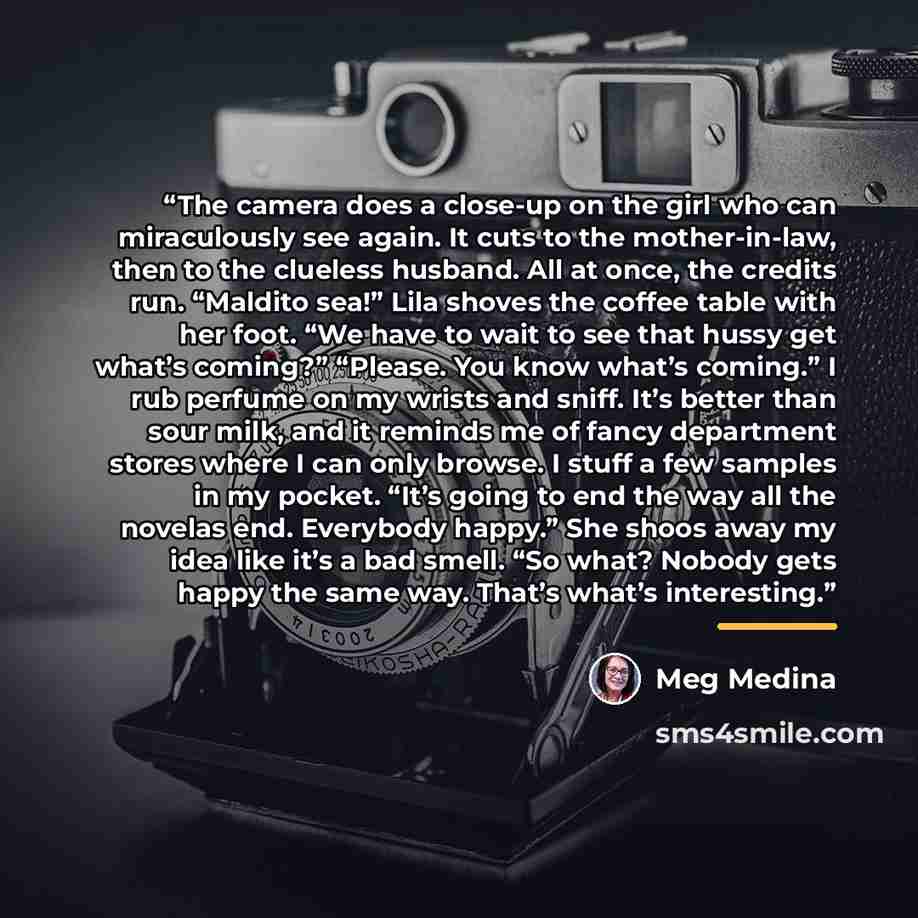 “The camera does a close-up on the girl who can miraculously see again. It cuts to the mother-in-law, then to the clueless husband. All at once, the credits run. “Maldito sea!” Lila shoves the coffee table with her foot. “We have to wait to see that hussy get what’s coming?” “Please. You know…” quote by Meg Medina