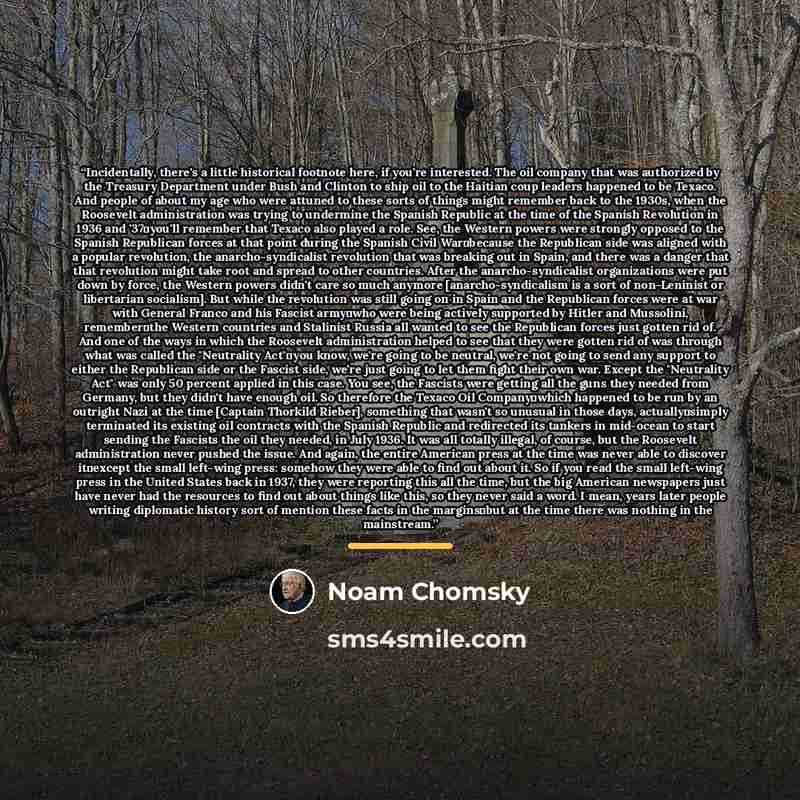 “Incidentally, there's a little historical footnote here, if you're interested. The oil company that was authorized by the Treasury Department under Bush and Clinton to ship oil to the Haitian coup leaders happened to be Texaco. And people of about my age who were attuned to these sorts of things…” quote by Noam Chomsky