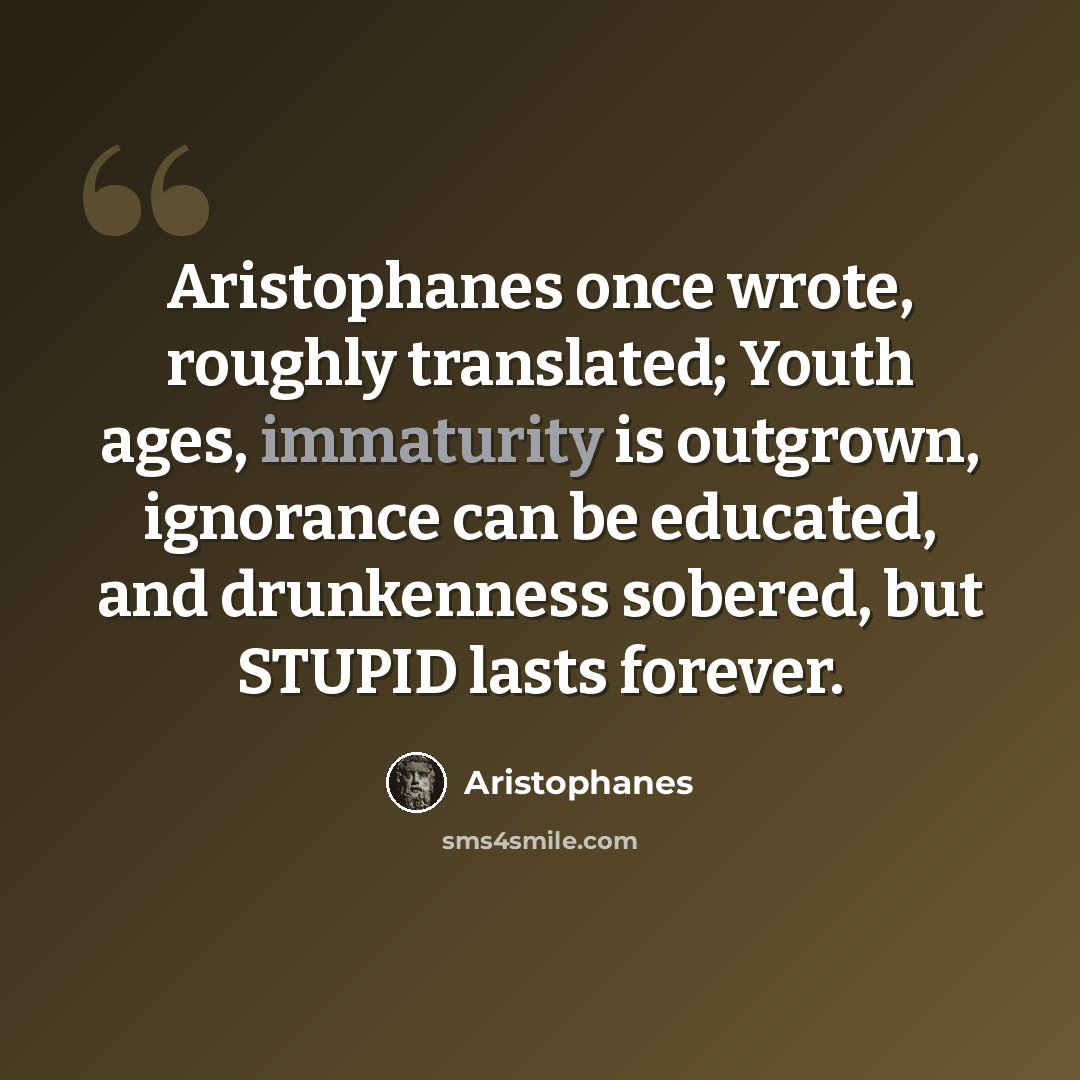 “Aristophanes once wrote, roughly translated; Youth ages, immaturity is outgrown, ignorance can be educated, and drunkenness sobered, but STUPID lasts forever.” quote by Aristophanes