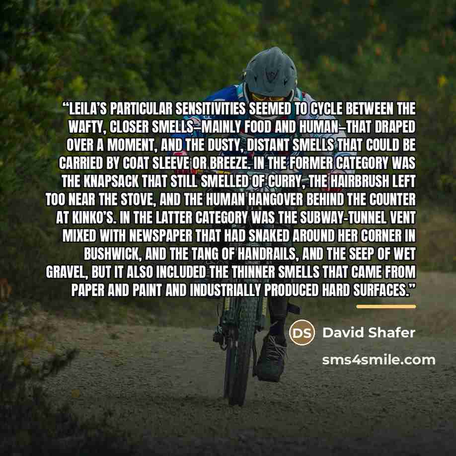 “Leila’s particular sensitivities seemed to cycle between the wafty, closer smells—mainly food and human—that draped over a moment, and the dusty, distant smells that could be carried by coat sleeve or breeze. In the former category was the knapsack that still smelled of curry, the hairbrush left…” quote by David Shafer
