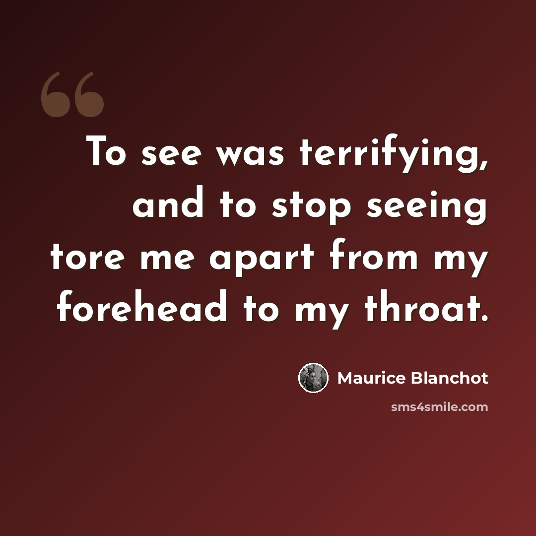 “To see was terrifying, and to stop seeing tore me apart from my forehead to my throat.” quote by Maurice Blanchot