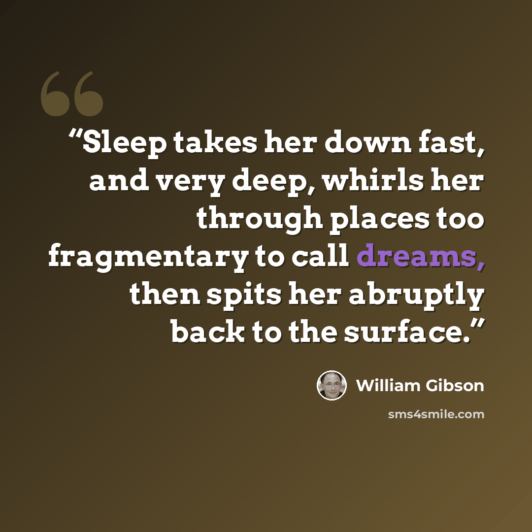 “Sleep takes her down fast, and very deep, whirls her through places too fragmentary to call dreams, then spits her abruptly back to the surface.” quote by William Gibson