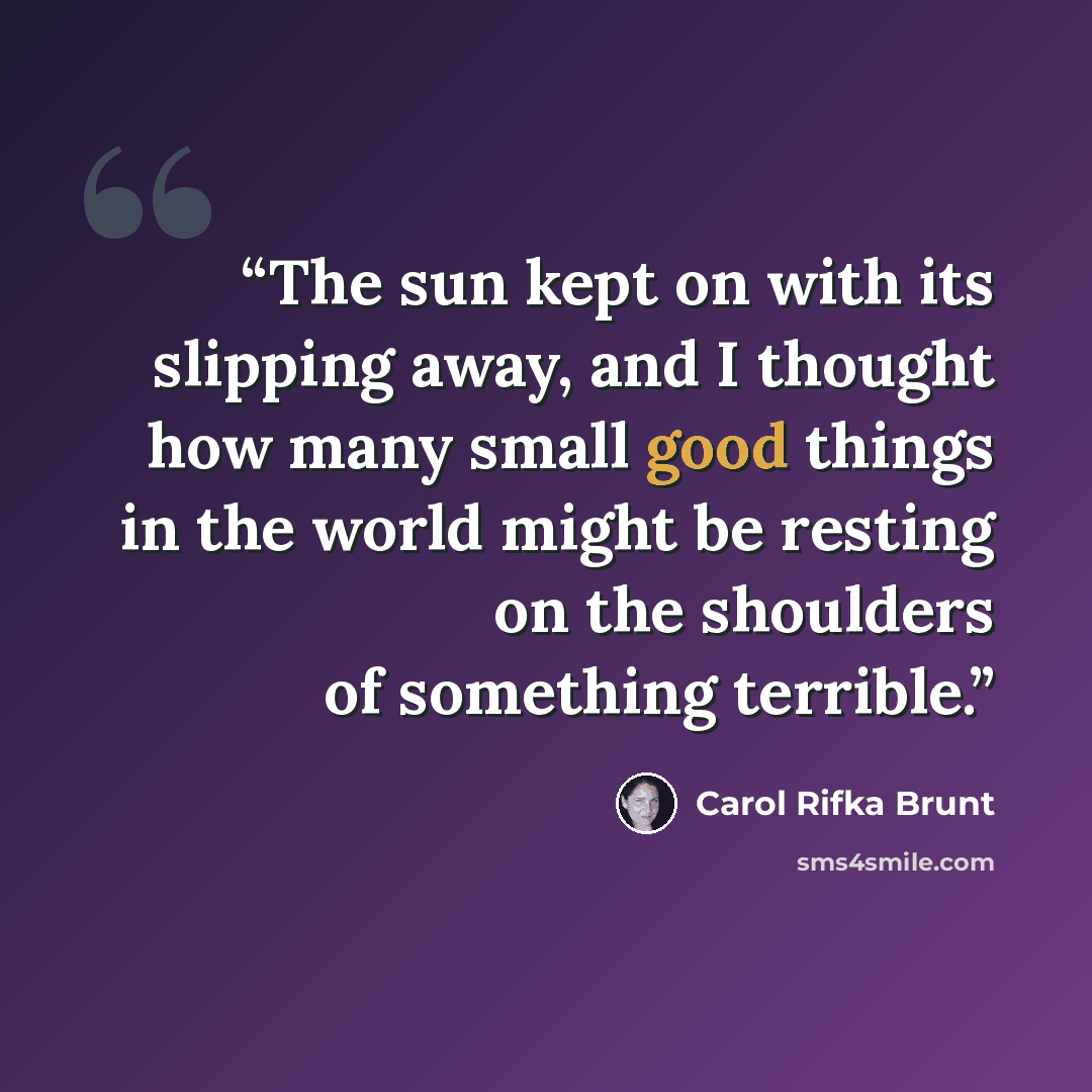“The sun kept on with its slipping away, and I thought how many small good things in the world might be resting on the shoulders of something terrible.” quote by Carol Rifka Brunt