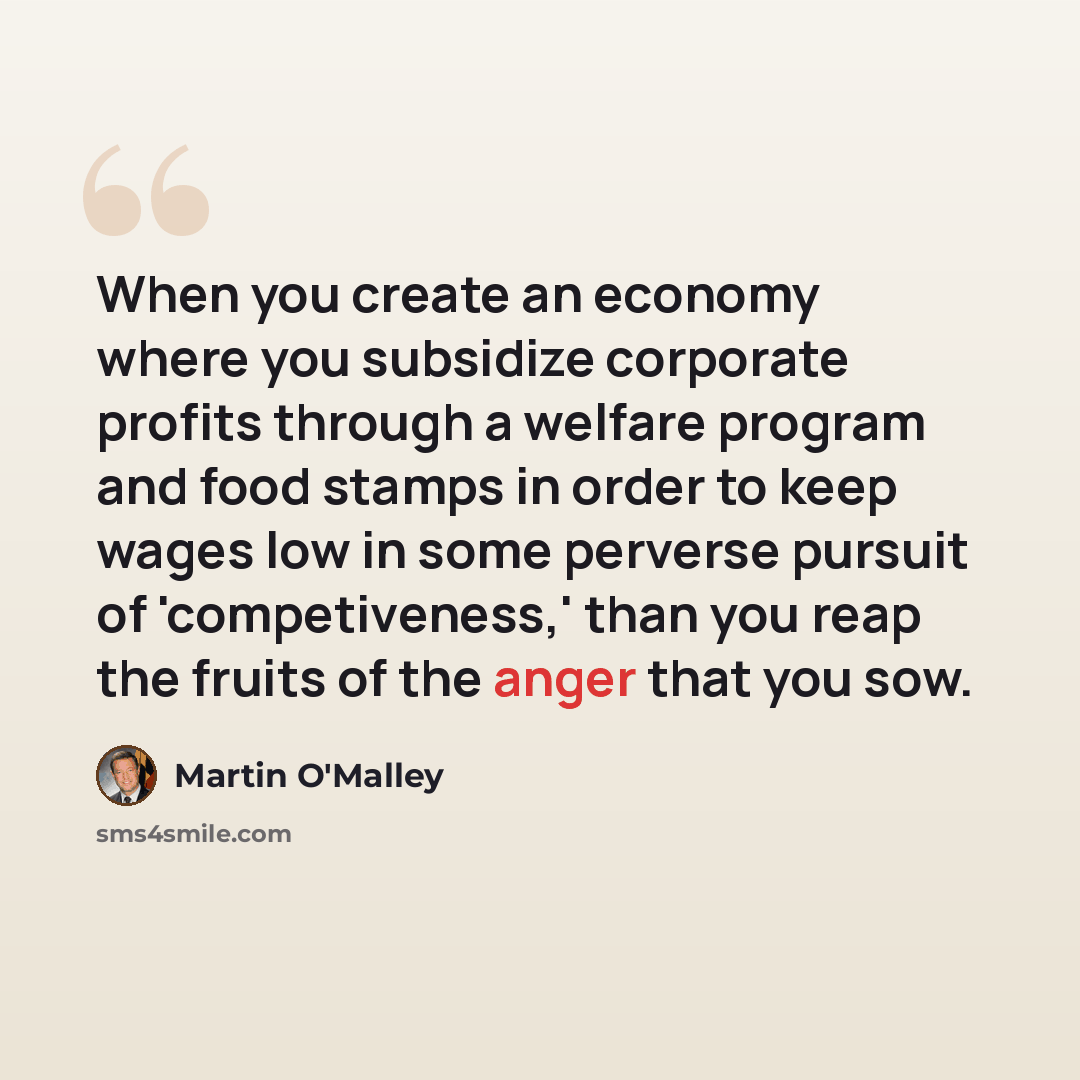 “When you create an economy where you subsidize corporate profits through a welfare program and food stamps in order to keep wages low in some perverse pursuit of 'competiveness,' than you reap the fruits of the anger that you sow.” quote by Martin O'Malley