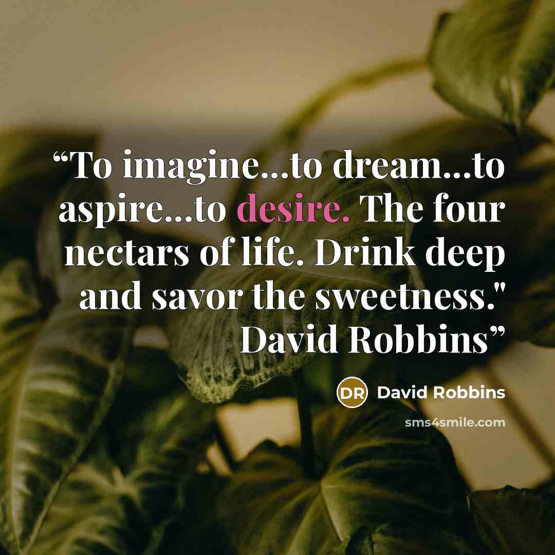 “To imagine...to dream...to aspire...to desire. The four nectars of life. Drink deep and savor the sweetness." David Robbins” quote by David Robbins