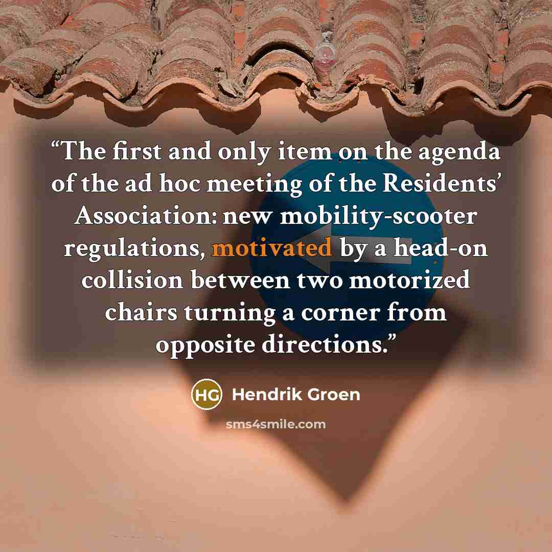 “The first and only item on the agenda of the ad hoc meeting of the Residents’ Association: new mobility-scooter regulations, motivated by a head-on collision between two motorized chairs turning a corner from opposite directions.” quote by Hendrik Groen
