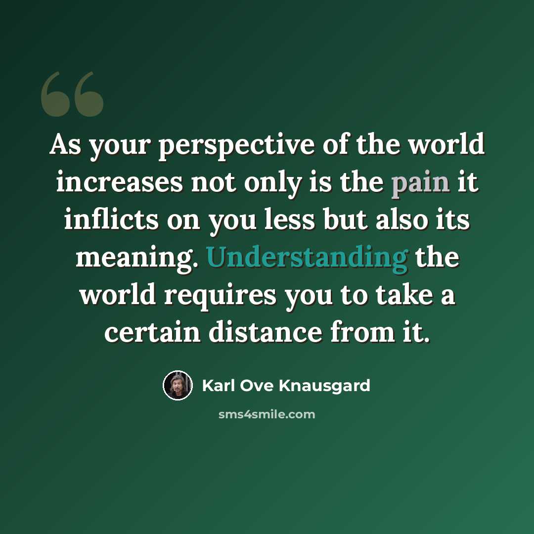 “As your perspective of the world increases not only is the pain it inflicts on you less but also its meaning. Understanding the world requires you to take a certain distance from it.” quote by Karl Ove Knausgard