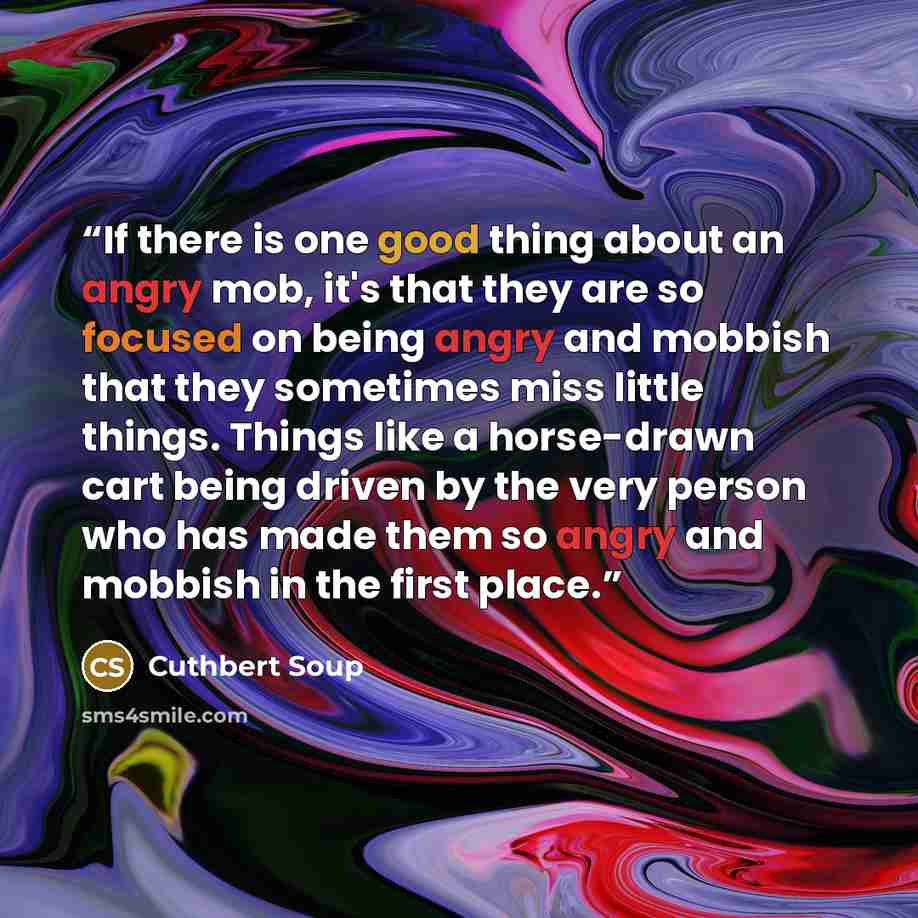 “If there is one good thing about an angry mob, it's that they are so focused on being angry and mobbish that they sometimes miss little things. Things like a horse-drawn cart being driven by the very person who has made them so angry and mobbish in the first place.” quote by Cuthbert Soup