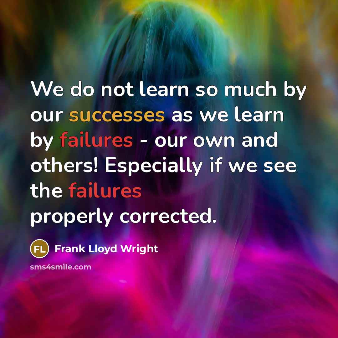 “We do not learn so much by our successes as we learn by failures - our own and others! Especially if we see the failures properly corrected.” quote by Frank Lloyd Wright