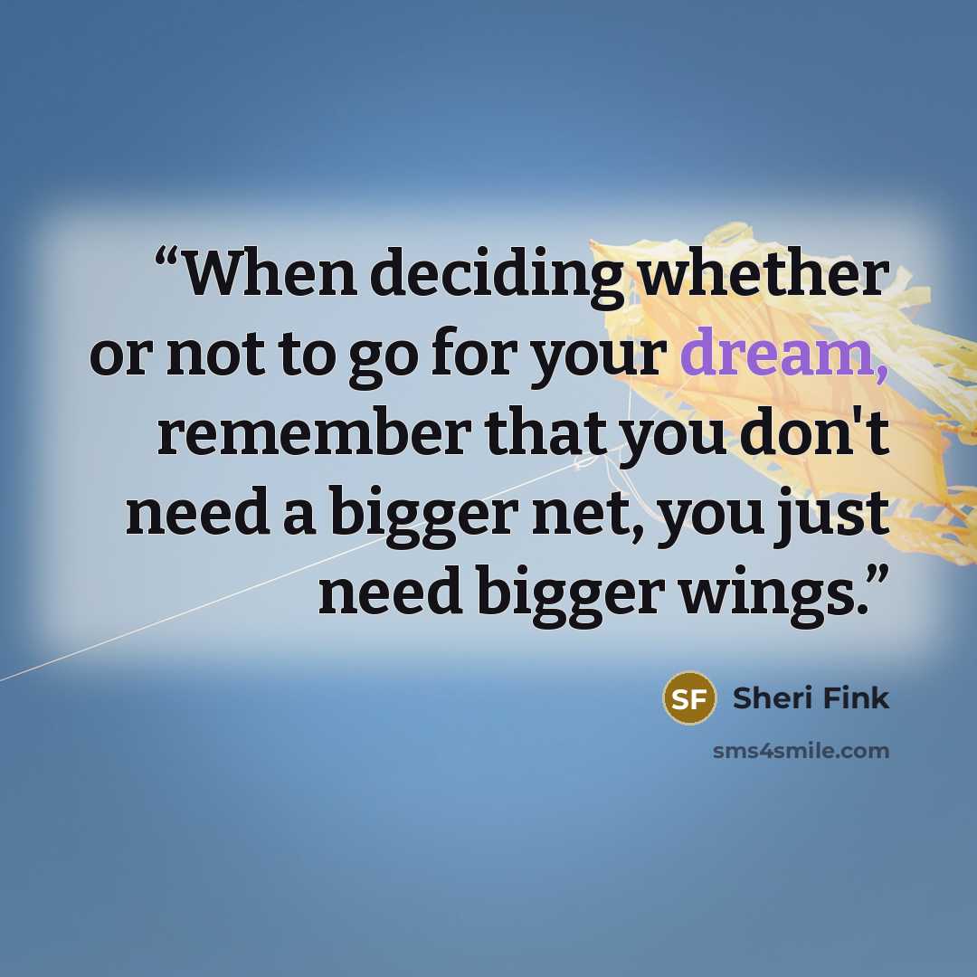 “When deciding whether or not to go for your dream, remember that you don't need a bigger net, you just need bigger wings.” quote by Sheri Fink