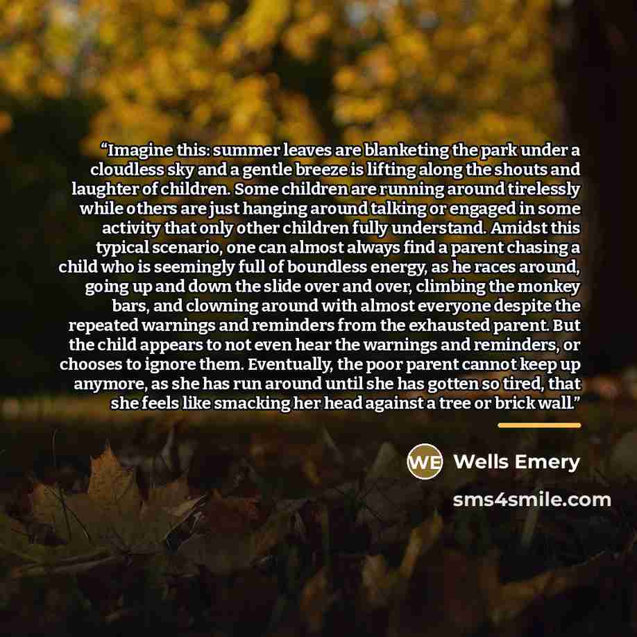 “Imagine this: summer leaves are blanketing the park under a cloudless sky and a gentle breeze is lifting along the shouts and laughter of children. Some children are running around tirelessly while others are just hanging around talking or engaged in some activity that only other children fully…” quote by Wells Emery