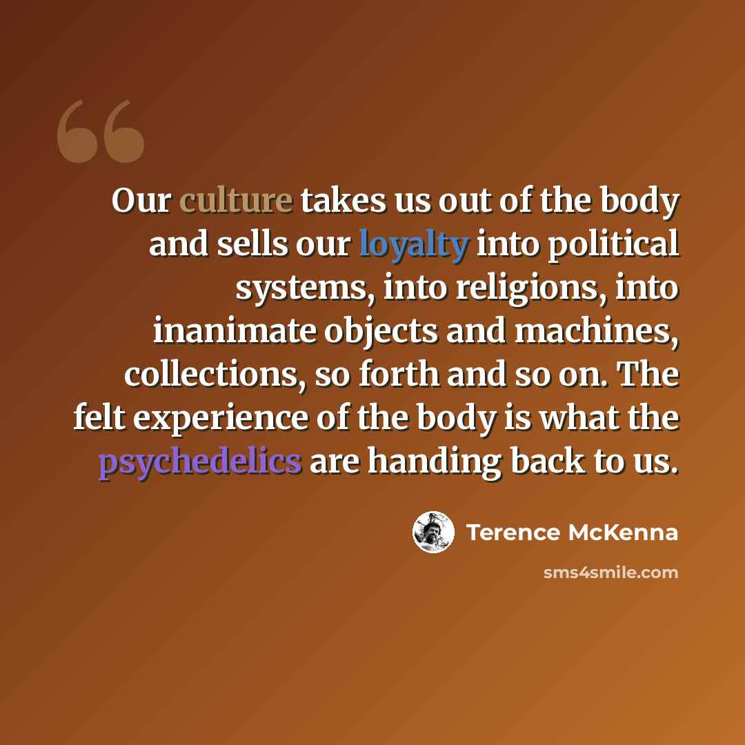 “Our culture takes us out of the body and sells our loyalty into political systems, into religions, into inanimate objects and machines, collections, so forth and so on. The felt experience of the body is what the psychedelics are handing back to us.” quote by Terence McKenna