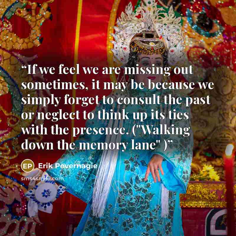 “If we feel we are missing out sometimes, it may be because we simply forget to consult the past or neglect to think up its ties with the presence. ("Walking down the memory lane" )” quote by Erik Pevernagie
