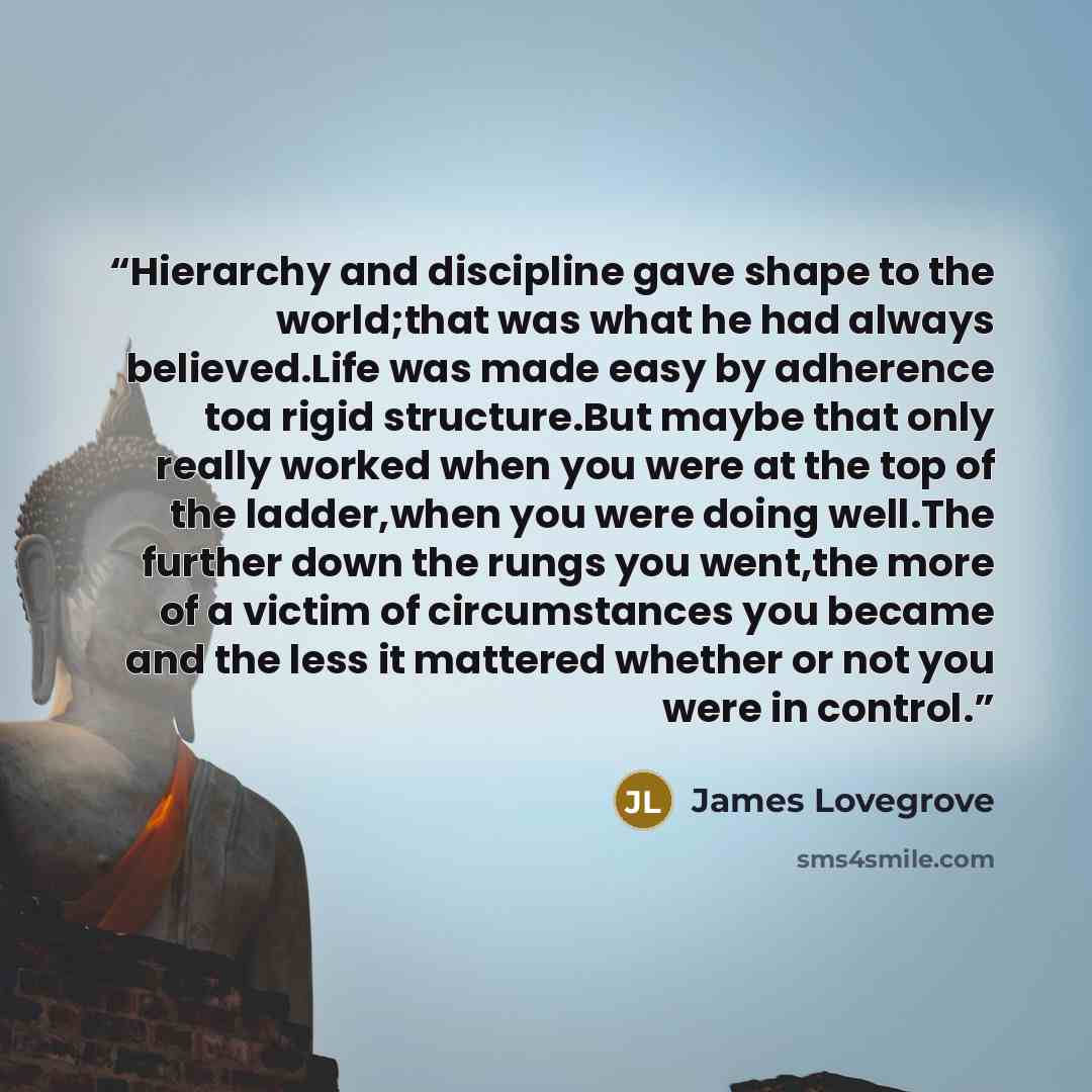 “Hierarchy and discipline gave shape to the world;that was what he had always believed.Life was made easy by adherence toa rigid structure.But maybe that only really worked when you were at the top of the ladder,when you were doing well.The further down the rungs you went,the more of a victim of…” quote by James Lovegrove