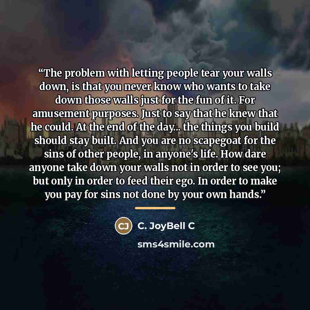 “The problem with letting people tear your walls down, is that you never know who wants to take down those walls just for the fun of it. For amusement purposes. Just to say that he knew that he could. At the end of the day... the things you build should stay built. And you are no scapegoat for the…” quote by C. JoyBell C