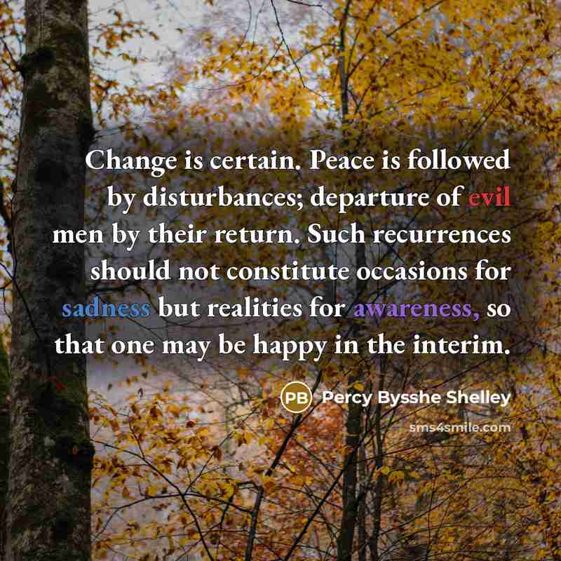 “Change is certain. Peace is followed by disturbances; departure of evil men by their return. Such recurrences should not constitute occasions for sadness but realities for awareness, so that one may be happy in the interim.” quote by Percy Bysshe Shelley