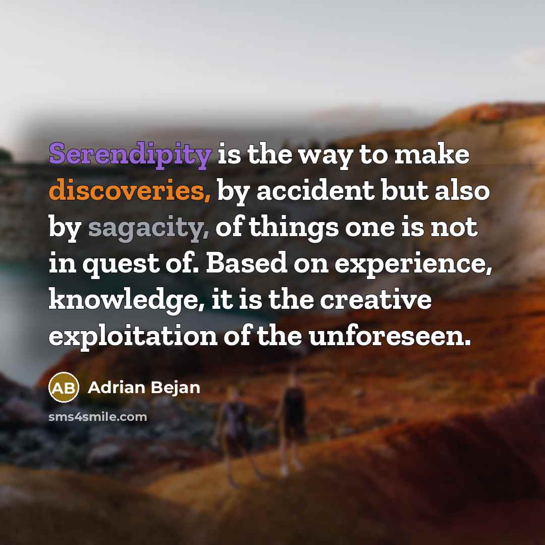 “Serendipity is the way to make discoveries, by accident but also by sagacity, of things one is not in quest of. Based on experience, knowledge, it is the creative exploitation of the unforeseen.” quote by Adrian Bejan