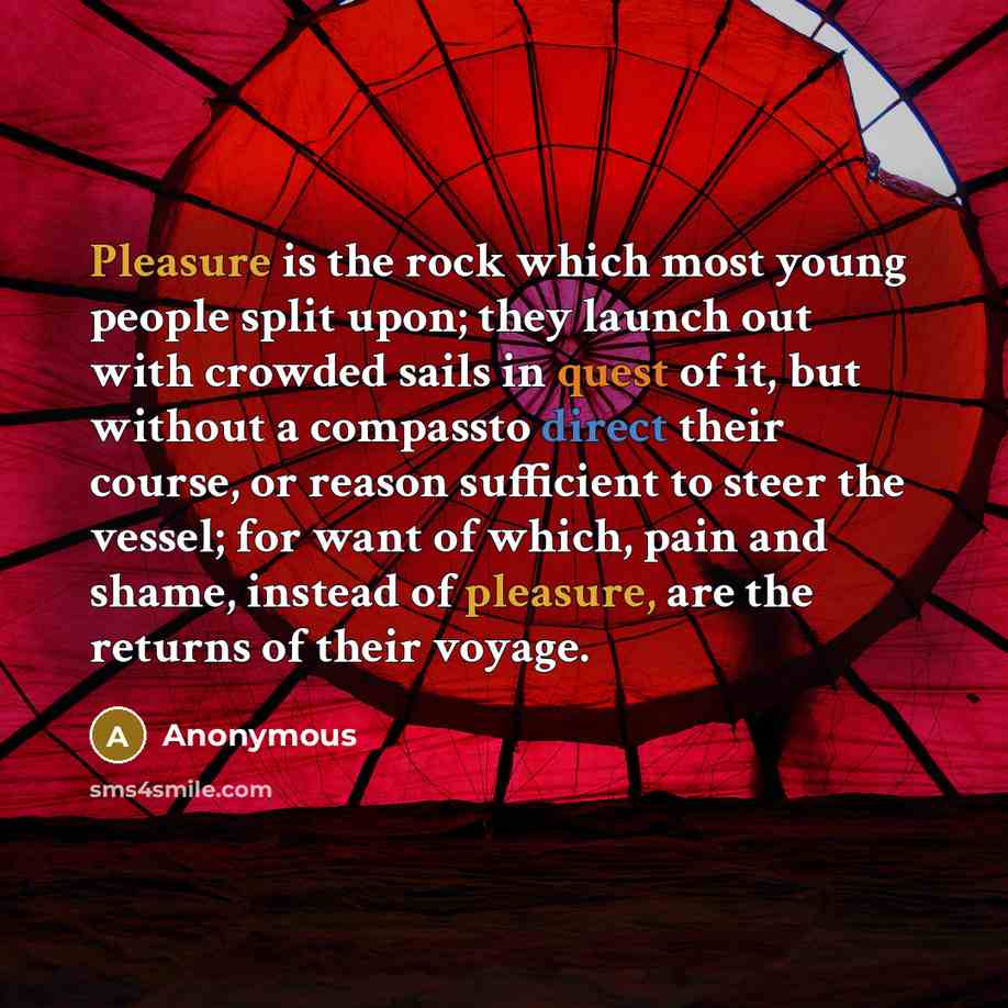 “Pleasure is the rock which most young people split upon; they launch out with crowded sails in quest of it, but without a compassto direct their course, or reason sufficient to steer the vessel; for want of which, pain and shame, instead of pleasure, are the returns of their voyage.” quote by Anonymous