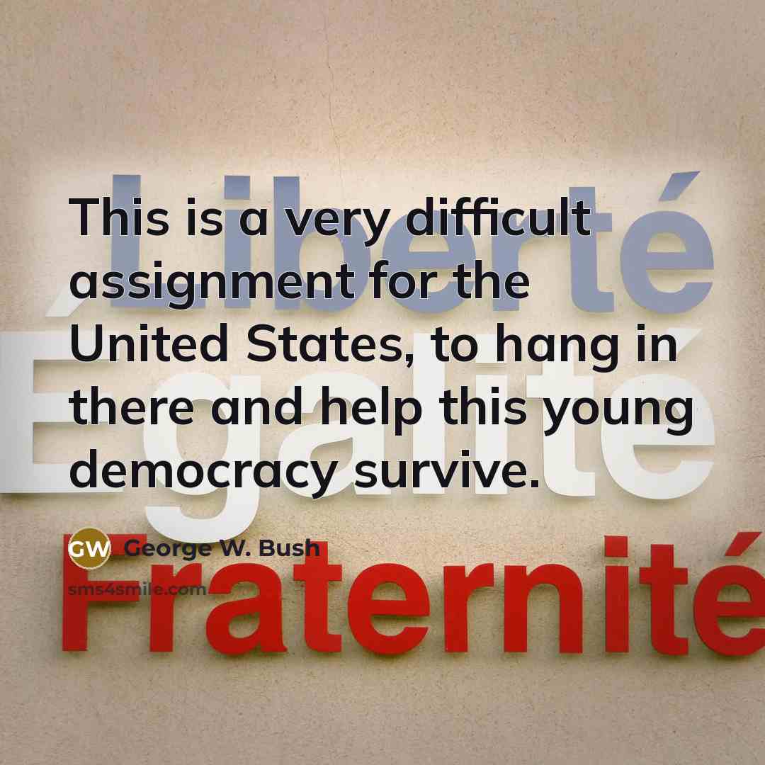 “This is a very difficult assignment for the United States, to hang in there and help this young democracy survive.” quote by George W. Bush