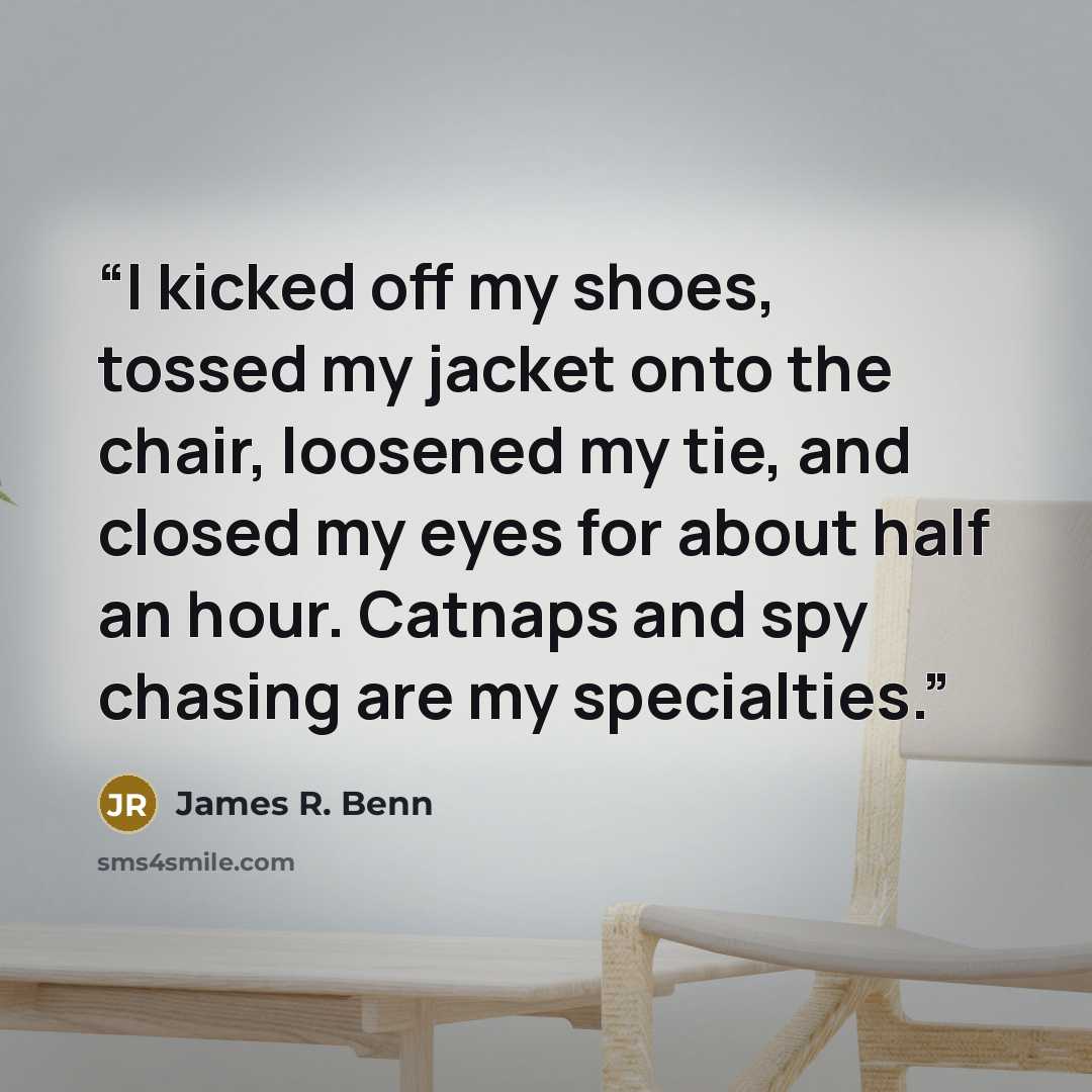 “I kicked off my shoes, tossed my jacket onto the chair, loosened my tie, and closed my eyes for about half an hour. Catnaps and spy chasing are my specialties.” quote by James R. Benn