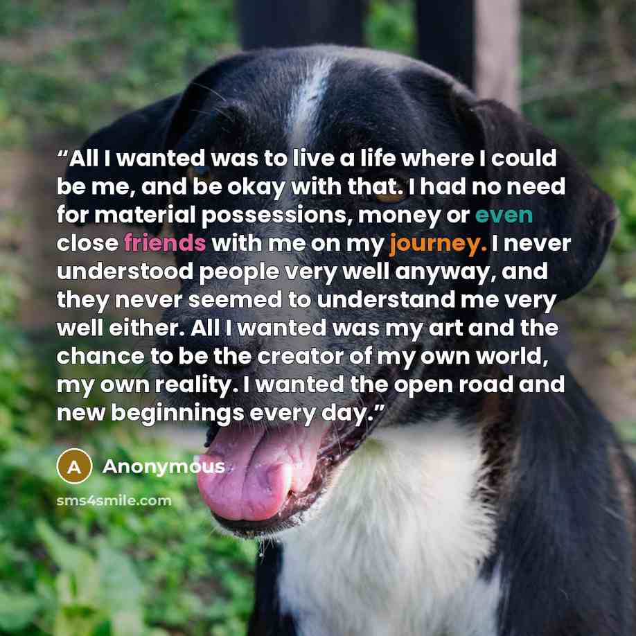 “All I wanted was to live a life where I could be me, and be okay with that. I had no need for material possessions, money or even close friends with me on my journey. I never understood people very well anyway, and they never seemed to understand me very well either. All I wanted was my art and…” quote by Anonymous
