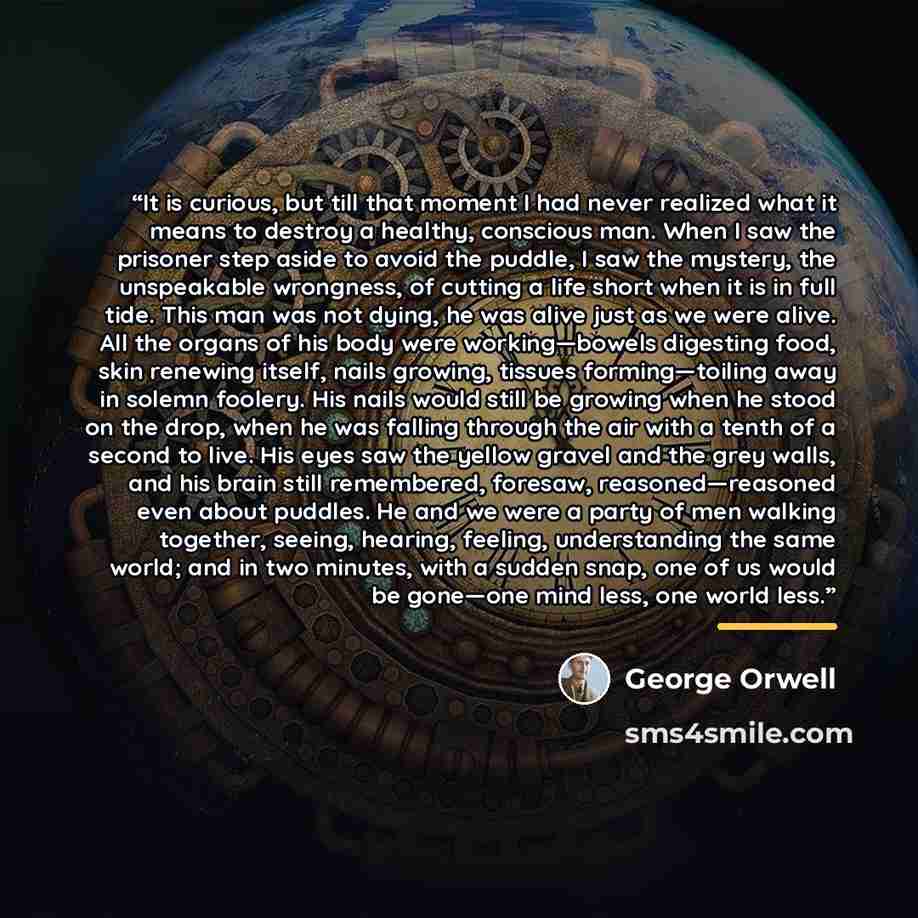 “It is curious, but till that moment I had never realized what it means to destroy a healthy, conscious man. When I saw the prisoner step aside to avoid the puddle, I saw the mystery, the unspeakable wrongness, of cutting a life short when it is in full tide. This man was not dying, he was alive…” quote by George Orwell