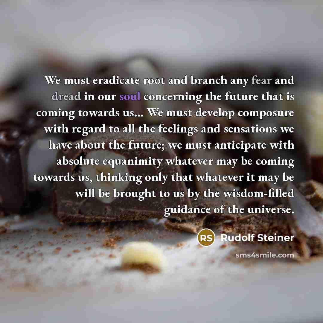 “We must eradicate root and branch any fear and dread in our soul concerning the future that is coming towards us... We must develop composure with regard to all the feelings and sensations we have about the future; we must anticipate with absolute equanimity whatever may be coming towards us…” quote by Rudolf Steiner