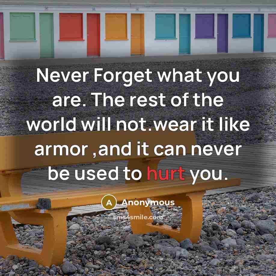 “Never Forget what you are. The rest of the world will not.wear it like armor ,and it can never be used to hurt you.” quote by Anonymous