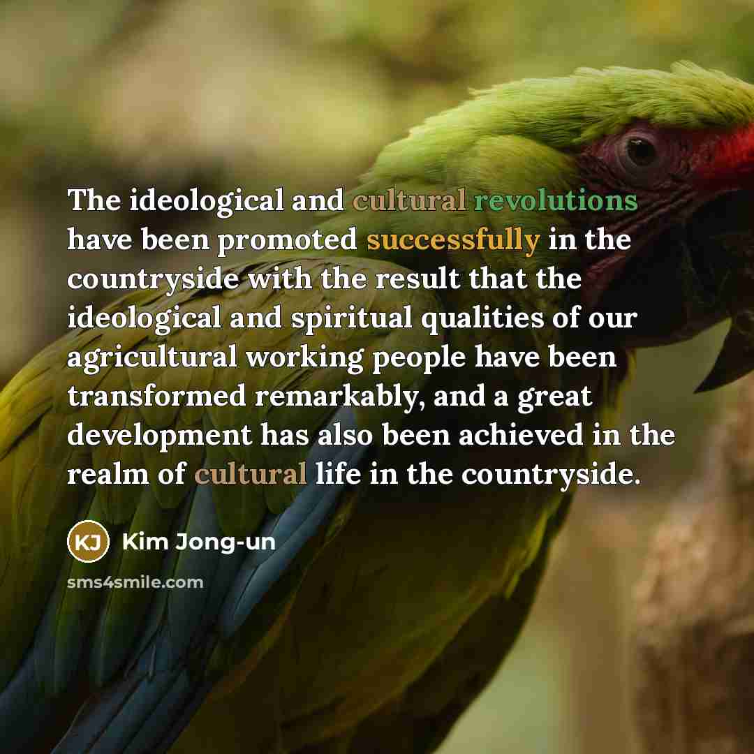 “The ideological and cultural revolutions have been promoted successfully in the countryside with the result that the ideological and spiritual qualities of our agricultural working people have been transformed remarkably, and a great development has also been achieved in the realm of cultural life…” quote by Kim Jong-un