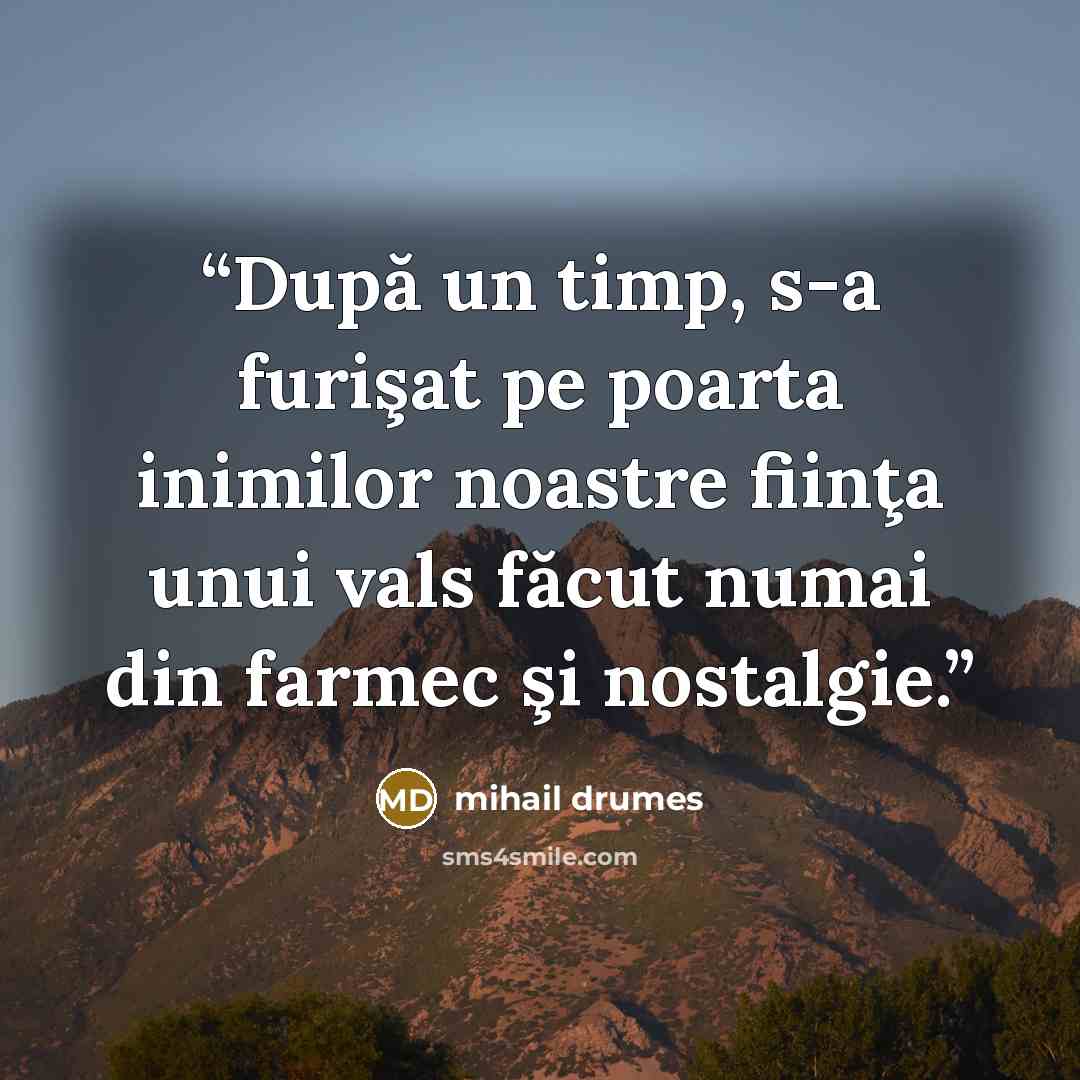 “După un timp, s-a furişat pe poarta inimilor noastre fiinţa unui vals făcut numai din farmec şi nostalgie.” quote by Mihail Drumeş