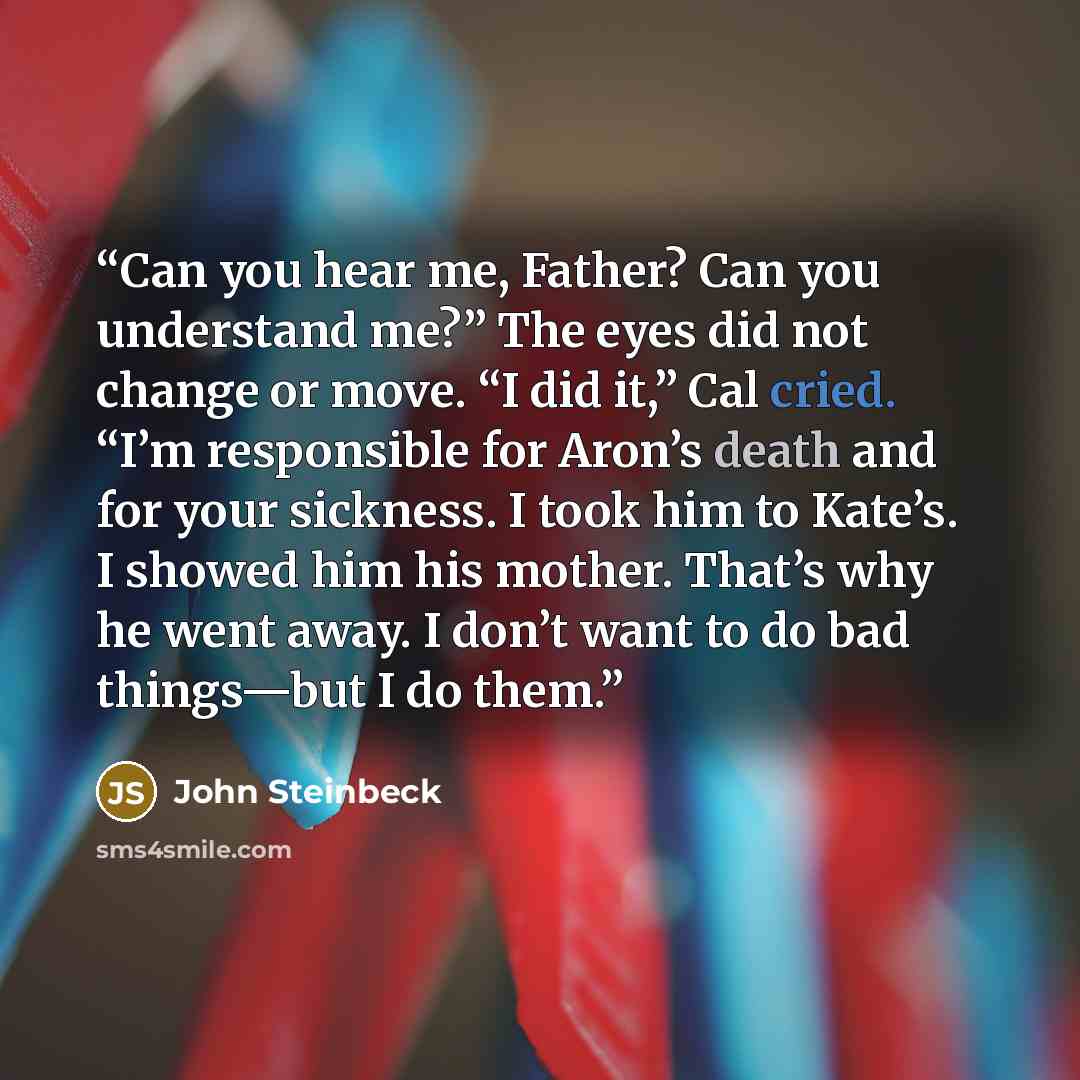 “Can you hear me, Father? Can you understand me?” The eyes did not change or move. “I did it,” Cal cried. “I’m responsible for Aron’s death and for your sickness. I took him to Kate’s. I showed him his mother. That’s why he went away. I don’t want to do bad things—but I do them.” quote by John Steinbeck