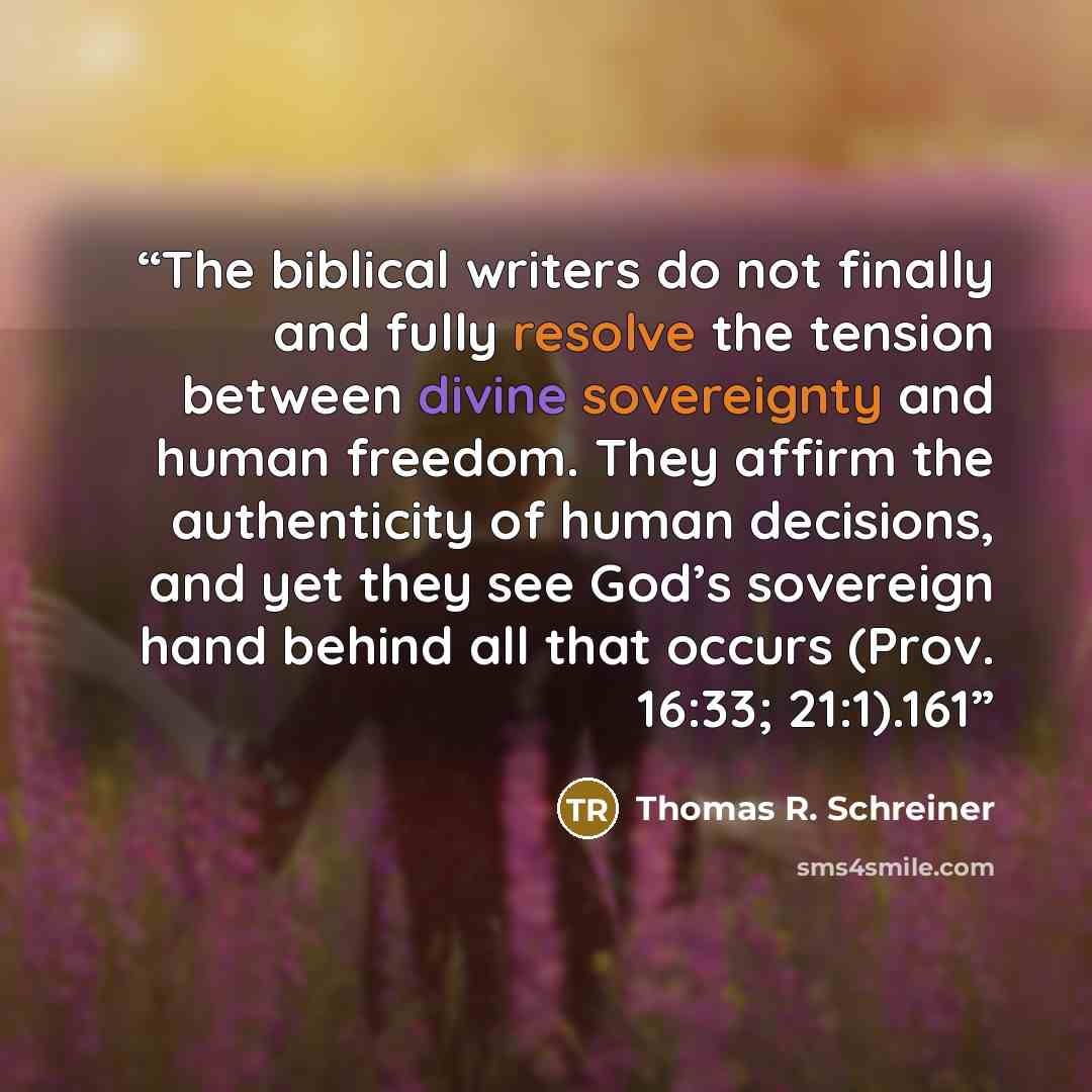 “The biblical writers do not finally and fully resolve the tension between divine sovereignty and human freedom. They affirm the authenticity of human decisions, and yet they see God’s sovereign hand behind all that occurs (Prov. 16:33; 21:1).161” quote by Thomas R. Schreiner