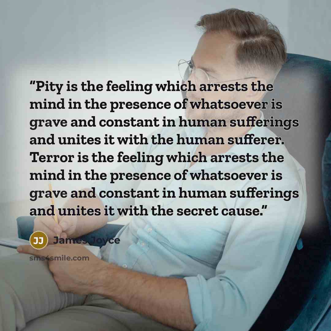 “Pity is the feeling which arrests the mind in the presence of whatsoever is grave and constant in human sufferings and unites it with the human sufferer. Terror is the feeling which arrests the mind in the presence of whatsoever is grave and constant in human sufferings and unites it with the…” quote by James Joyce