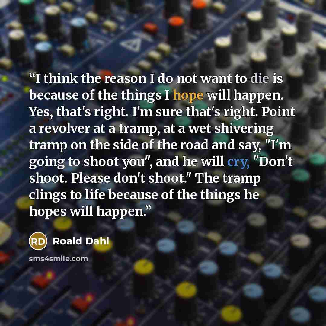 “I think the reason I do not want to die is because of the things I hope will happen. Yes, that's right. I'm sure that's right. Point a revolver at a tramp, at a wet shivering tramp on the side of the road and say, "I'm going to shoot you", and he will cry, "Don't shoot. Please don't shoot." The…” quote by Roald Dahl