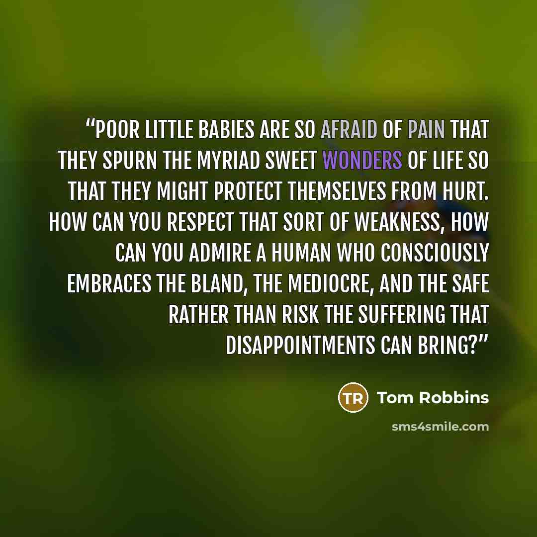 “Poor little babies are so afraid of pain that they spurn the myriad sweet wonders of life so that they might protect themselves from hurt. How can you respect that sort of weakness, how can you admire a human who consciously embraces the bland, the mediocre, and the safe rather than risk the…” quote by Tom Robbins