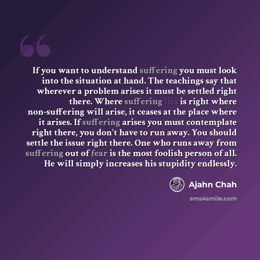 “If you want to understand suffering you must look into the situation at hand. The teachings say that wherever a problem arises it must be settled right there. Where suffering lies is right where non-suffering will arise, it ceases at the place where it arises. If suffering arises you must…” quote by Ajahn Chah