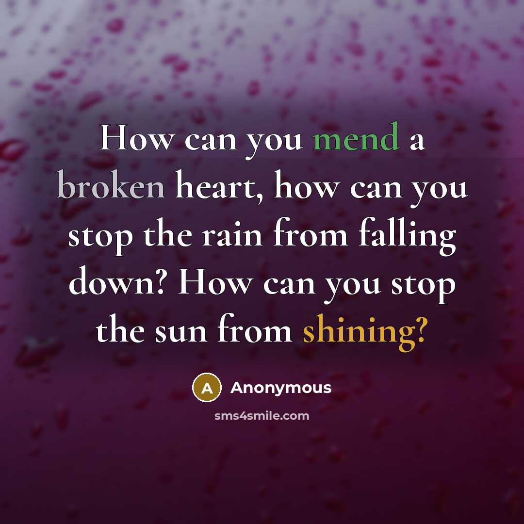“How can you mend a broken heart, how can you stop the rain from falling down? How can you stop the sun from shining?” quote by Anonymous